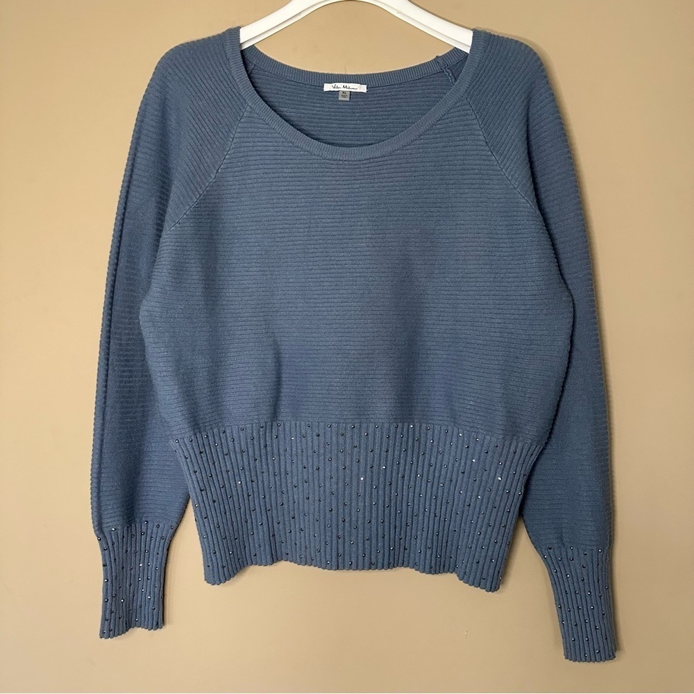 Vila Milano Women XL Wool Blend Sweater Blue Beaded Sparkle Soft Ribbed Texture